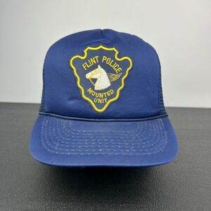 Vintage 90s Flint Police Trucker Hat Cap Snap Back Adjustable Blue Mounted Unit